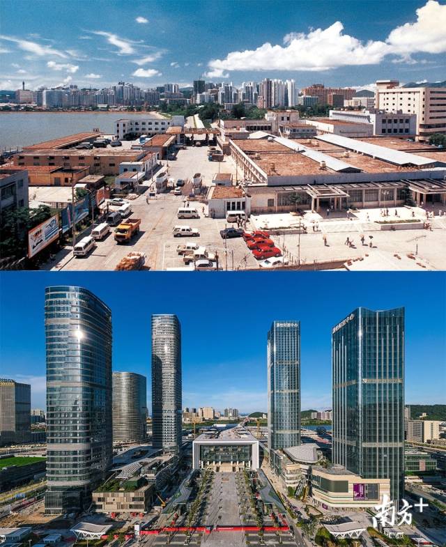 上圖：上世紀80年代的拱北口岸原聯檢樓；下圖：2020年，珠海橫琴口岸新大樓拔地而起并投入使用