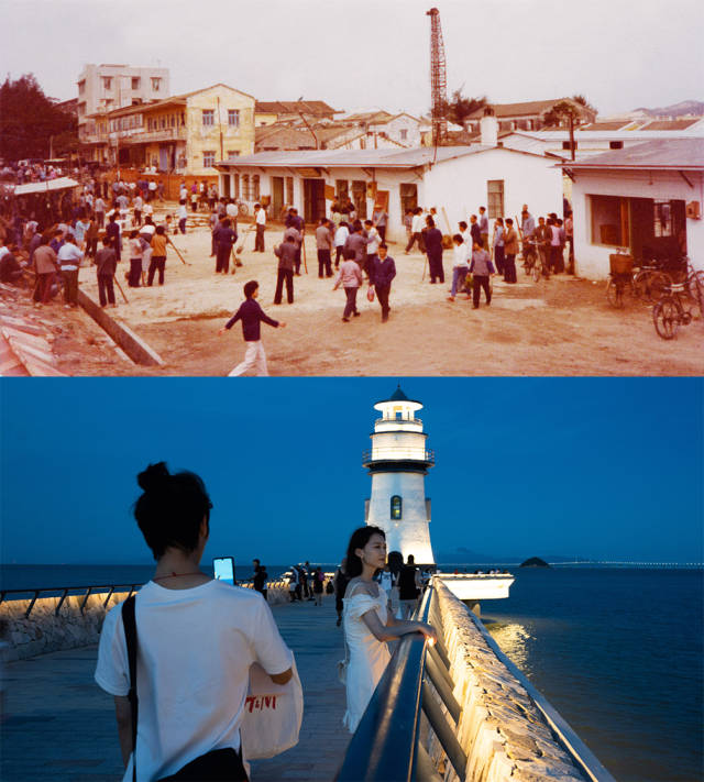 上圖：1981年，香洲城區舊貌；下圖：2020年，香洲情侶路邊的愛情燈塔，成為市民游客游玩的熱門景點