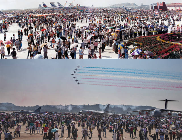 上圖：1996年，珠海航展人潮如涌；下圖：2016年，珠海航展舉行公眾開放日