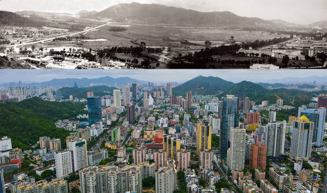 上圖：1983年，吉大舊貌。孔慶憲 攝；下圖：2020年，珠海香洲區吉大商業圈，曾經的平房如今高樓林立