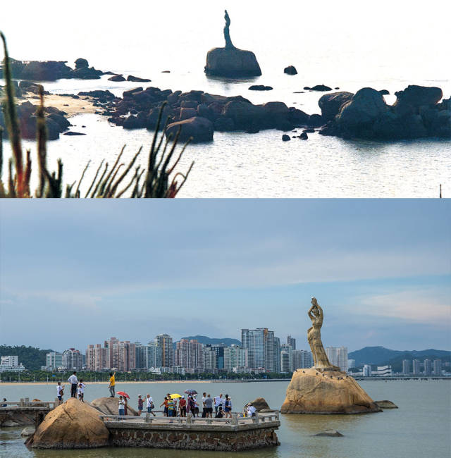 上圖：1985年的珠海漁女；下圖：2020年，珠海漁女雕像前游客絡繹不絕