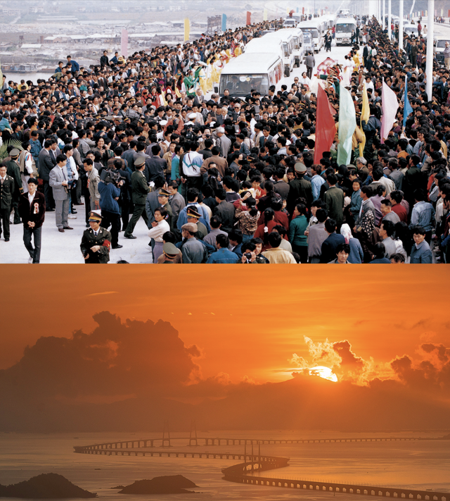 上圖：1993年11月，珠海大橋通車；下圖：2020年，港珠澳大橋日出。港珠澳大橋的建成使得粵港澳三地聯系更加緊密