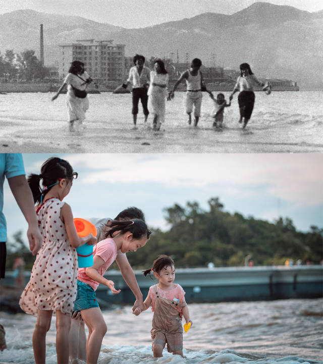 上圖：1985年位于香洲灣海霞新村的外側是海灘；下圖：2020年，情侶路沿岸的海灘上，大人和孩子正在海水里玩耍