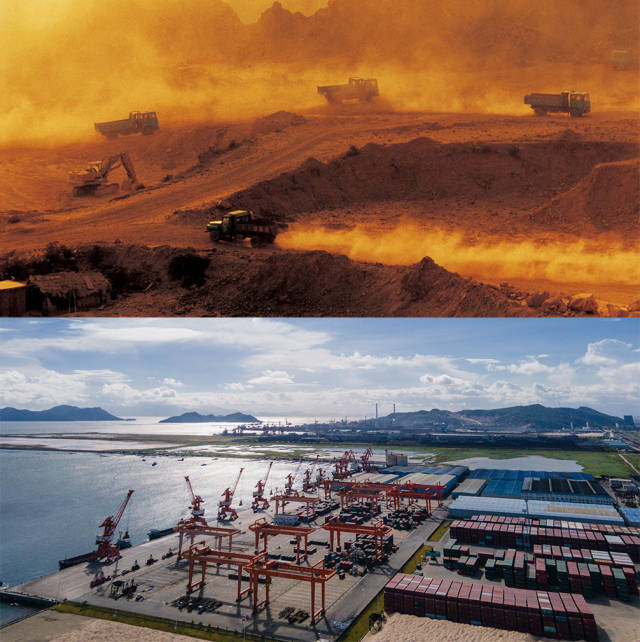 上圖：1990年，珠海港在建設中；下圖：2020年，珠海市高欄港經濟區承載著特區貨運樞紐的重擔