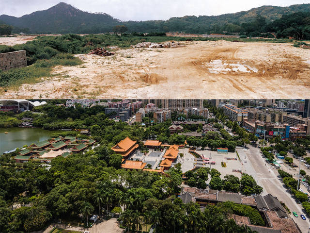 上圖：1991年，圓明新園原址；下圖：2020年，香洲區圓明新園如今被一棟棟嶄新的現代樓房包圍