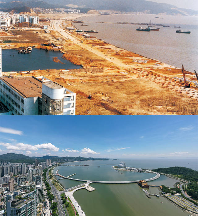 上圖：1991年，香洲灣情侶中路在建設中；下圖：2020年，香洲灣情侶路今景。外海處的日月貝大劇院成為珠海的新地標