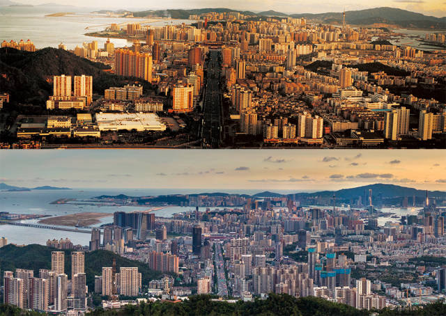 上圖：上世紀90年代初，珠海和澳門夕照錦輝；下圖：2020年，板樟山俯瞰珠海和澳門