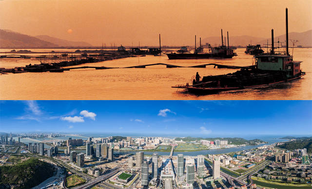 上圖：1992年，橫琴島經過科學論證與規劃，開始大規模圍海造地；下圖：2020年，珠海橫琴新區全貌