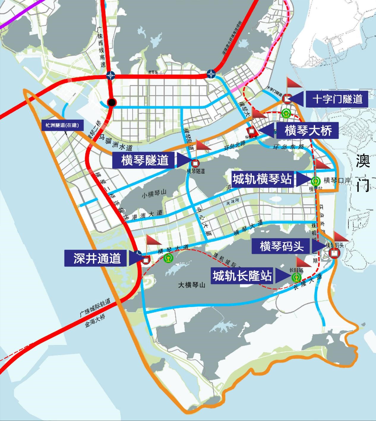 　　橫琴粵澳深度合作區“一線”“二線”示意圖。其中，“一線”主要是橫琴口岸；“二線”通道主要包括橫琴大橋、橫琴隧道、深井通道、橫琴碼頭、廣珠城軌延長線橫琴站及長隆站、十字門隧道（臨時出島）。橫琴粵澳深度合作區執委會供圖。