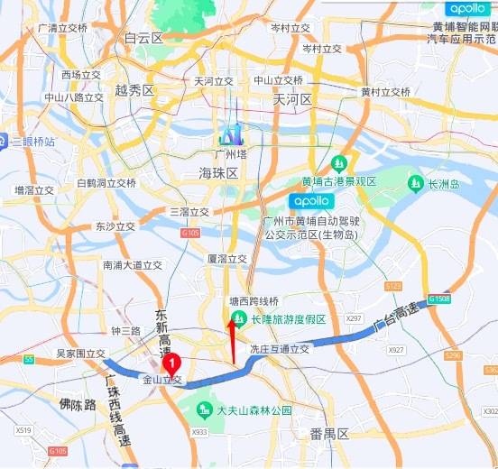 藍色曲線為廣臺高速，紅色箭頭為廣臺高速以北番禺地區。