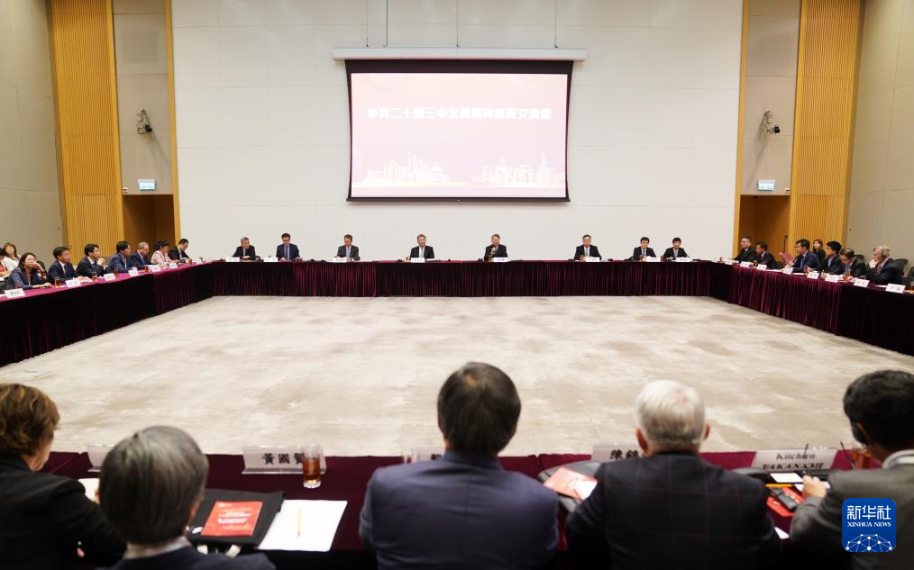 8月27日，學(xué)習(xí)貫徹黨的二十屆三中全會(huì)精神中央宣講團(tuán)在香港特別行政區(qū)與香港工商界、創(chuàng)科界代表舉行座談交流。新華社記者 王申 攝