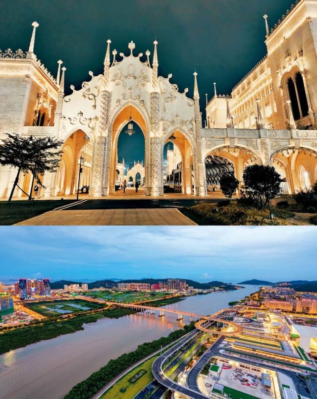 上圖：航拍珠海灣仔、橫琴和澳門。中圖：勵駿龐都廣場。下圖：蓮花大橋。本版圖/視覺中國 IC