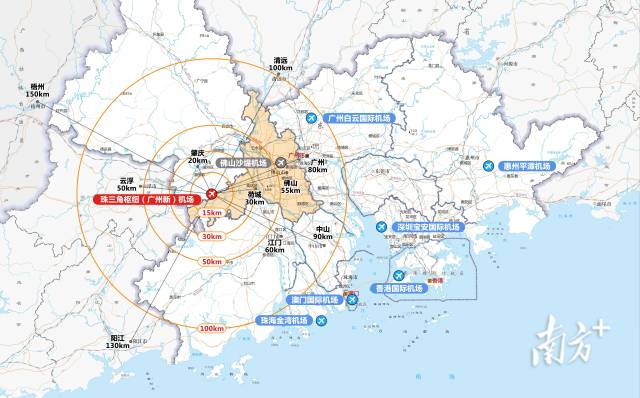 機(jī)場在粵港澳大灣區(qū)的位置。