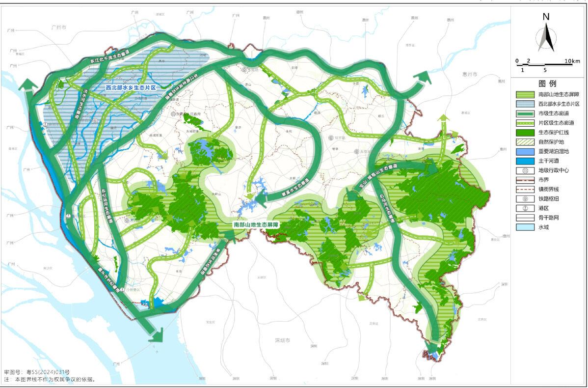 東莞將構(gòu)建以南部連綿山體為屏障、以西北部水鄉(xiāng)河網(wǎng)及濕地為重要生態(tài)區(qū)、以各級生態(tài)廊道為脈絡(luò)的“一屏一區(qū)多廊”生態(tài)安全格局，推動生態(tài)空間與城市藍(lán)綠系統(tǒng)相聯(lián)通，與農(nóng)業(yè)空間相融合，提高生態(tài)網(wǎng)絡(luò)的連通性。