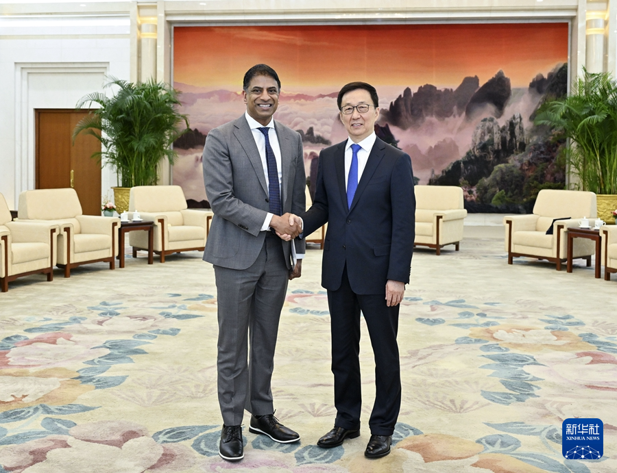 3月24日，國家副主席韓正在北京會(huì)見來華參加中國發(fā)展高層論壇2025年年會(huì)的瑞士諾華公司首席執(zhí)行官萬思瀚。新華社記者 殷博古 攝