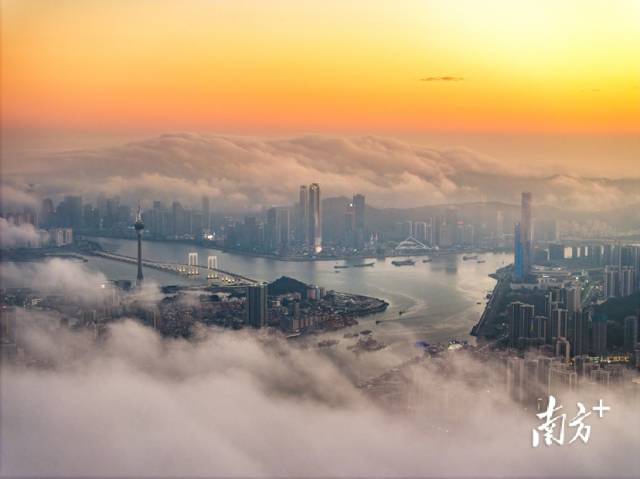日落時(shí)分，俯瞰云海下的澳門(mén)與橫琴金融島。南方+拍客 陳爍明 攝