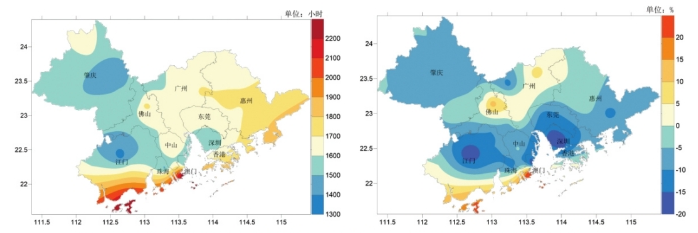 左圖為2024大灣區年日照時數分布（小時），右圖為2024大灣區年日照時數距平百分率分布（%）