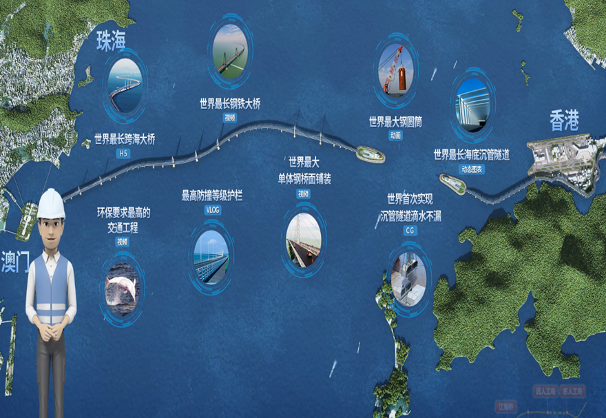 港珠澳大橋創造了眾多“中國之最”“世界之最”——它是世界最長跨海大橋，擁有世界最長海底沉管隧道，是世界最長鋼結構橋梁……設計使用年限首次采用120年的標準。設計速度100千米/小時，橋面為雙向六車道高速公路，采用世界最大尺寸高阻尼橡膠隔震支座，支座承載力約3000噸，能抵抗16級臺風、8級地震及30萬噸巨輪撞擊。